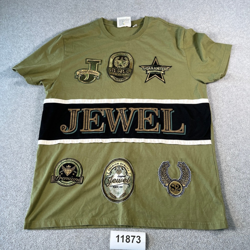 Jewel House Mens 3XL Olive Green Graphic Patch Streetwear T-Shirt Short Sleeve